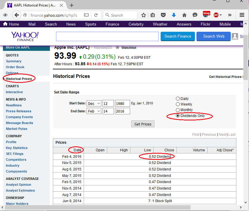 dividends yahoo finance stocks